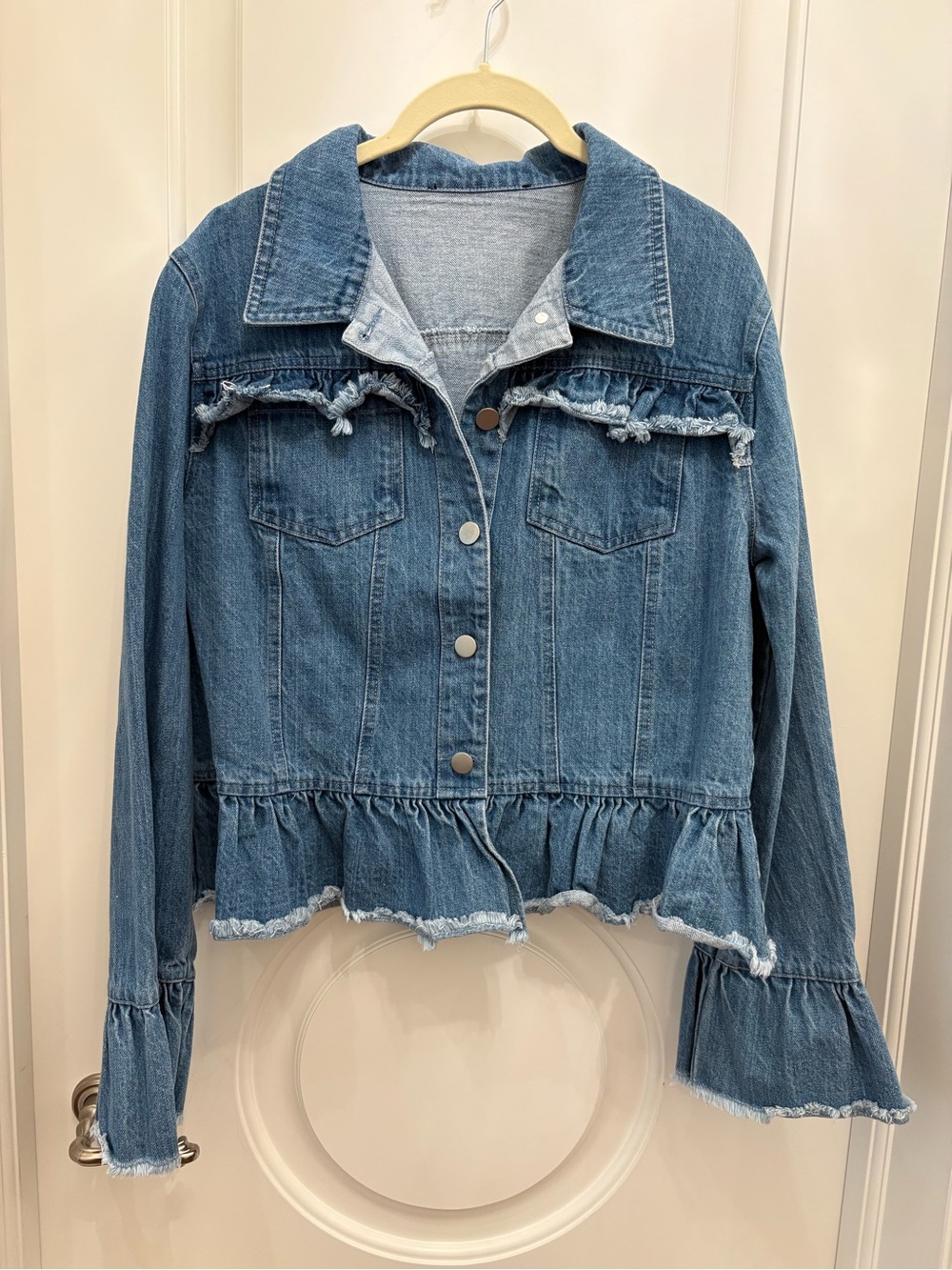 Women's Blue Denim Jacket with Ruffle Hem